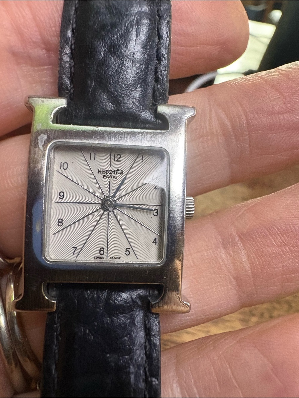 Ladies Black Leather Strap H Watch - Silver Case
